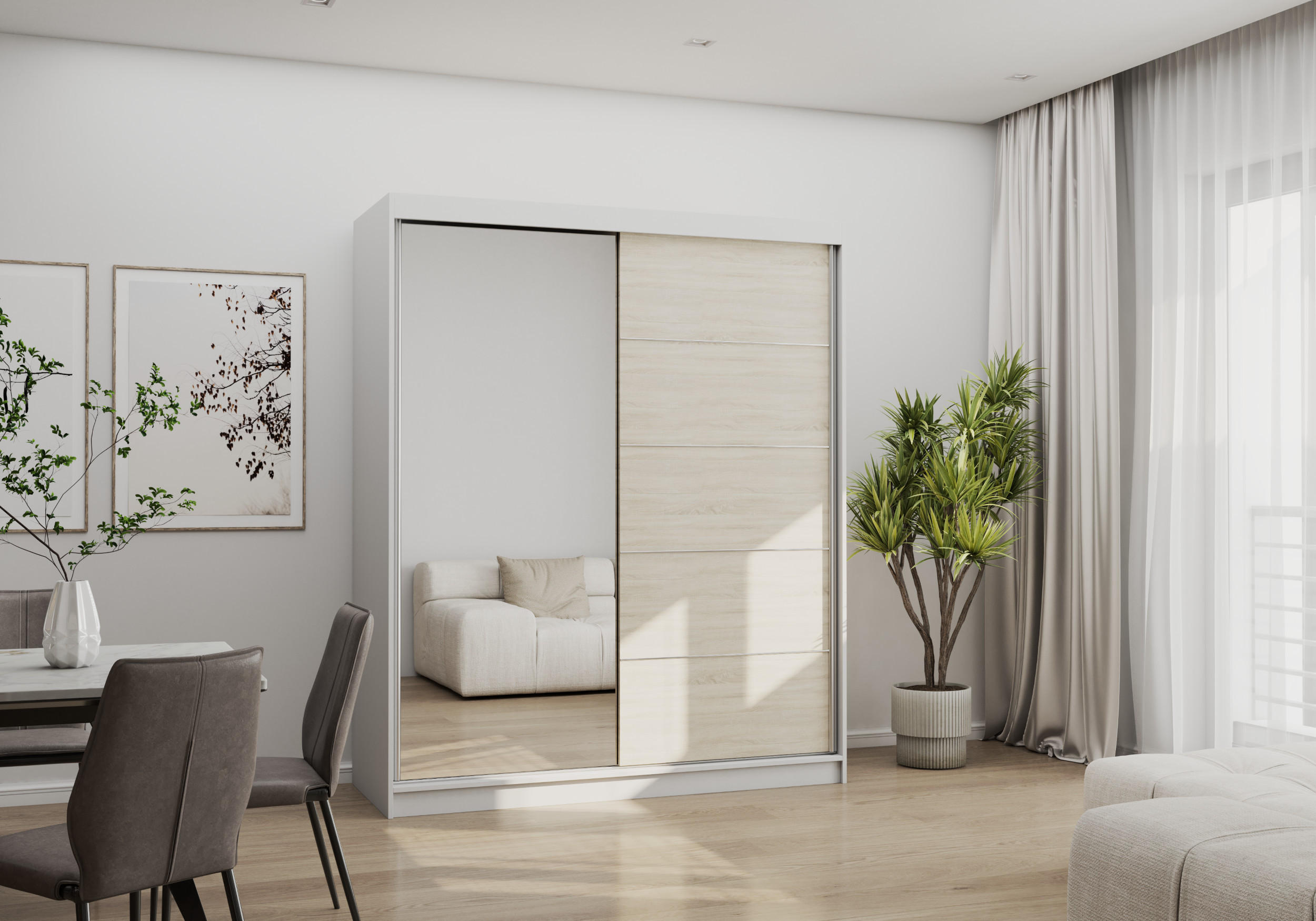 SCHWEBETÜRENSCHRANK Bono 05 Weiß/Sonoma Eiche mit Spiegel 160 cm - Alufarben/Weiß, Glas/Holzwerkstoff (160/195/61cm) - imoebel24