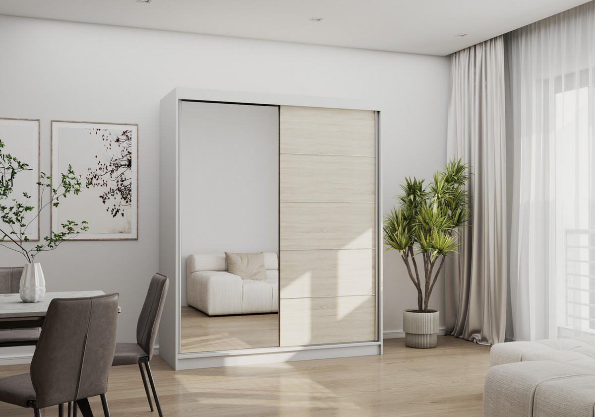 SCHWEBETÜRENSCHRANK Bono 05 Weiß/Sonoma Eiche mit Spiegel 160 cm - Alufarben/Weiß, Glas/Holzwerkstoff (160/195/61cm) - imoebel24