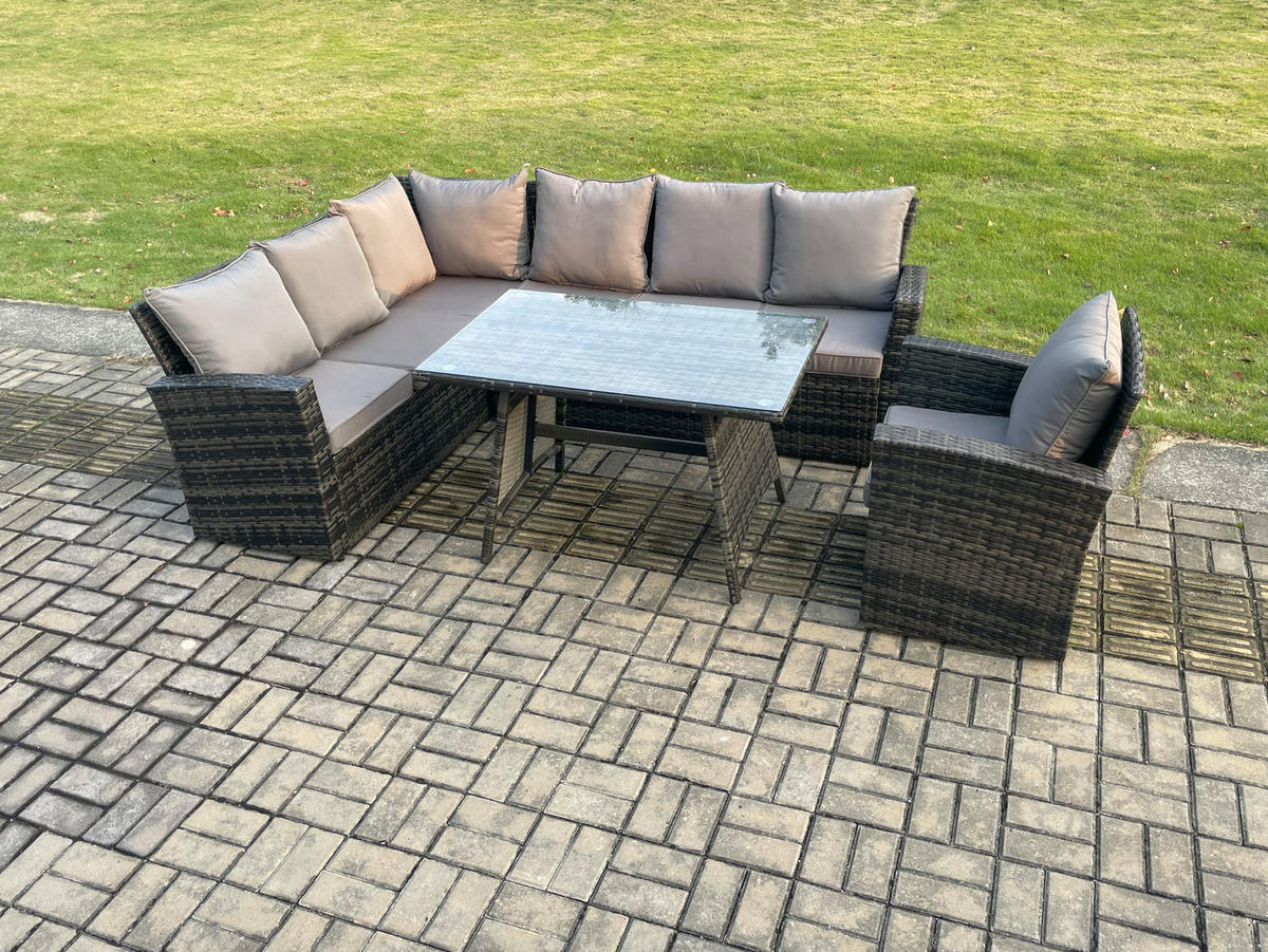 BALKONMÖBEL-SETS mit Ecksofa,Stuhl,Länglicher Esstisch Polyrattan Dunkelgrau 7-Sitzer - Dunkelgrau/Grau, Glas/Kunststoff - Fimous