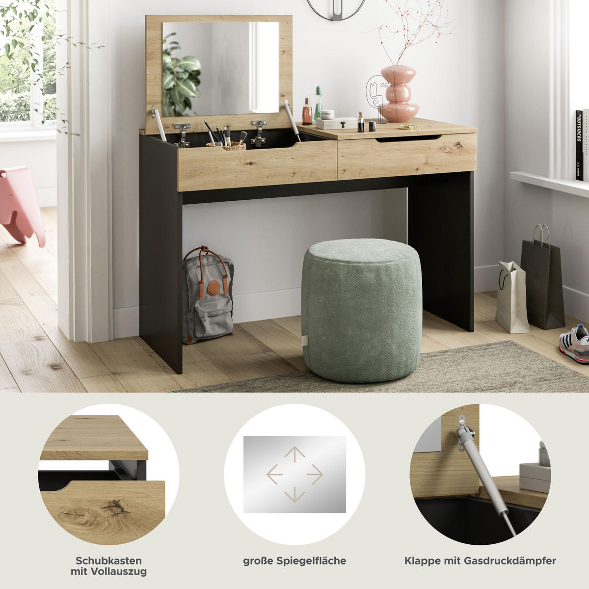 SCHMINKTISCH Canu Artisan 115/50/76 cm - Grau, Holzwerkstoff (115/76/50cm) - Xonox