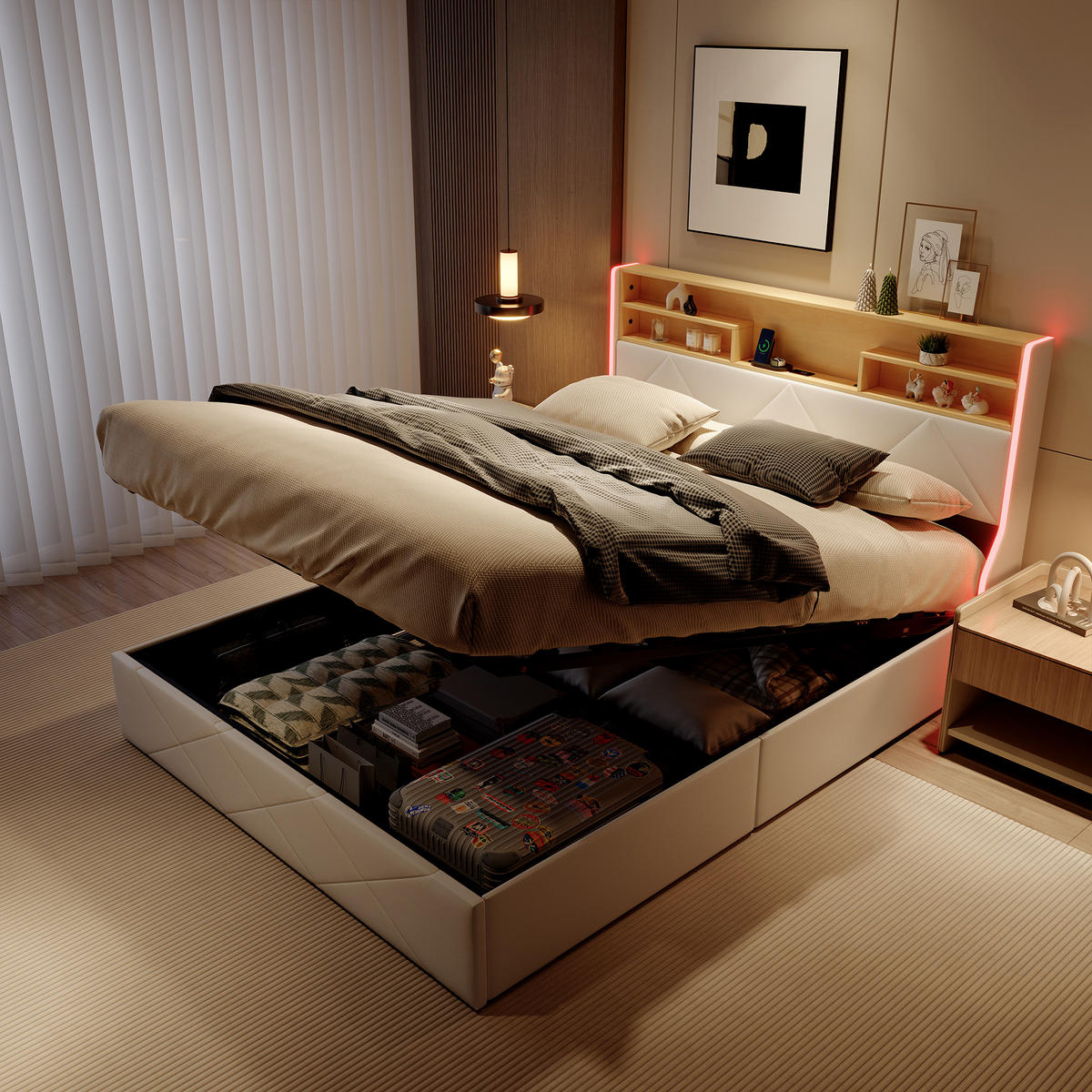 POLSTERBETT 140/200 cm Weiß mit Bettkasten, LED-Beleuchtung, Kopfteil mit Ablage und USB-C/USB-Anschluss - Weiß, Metall (140/200cm) - EuroLiving