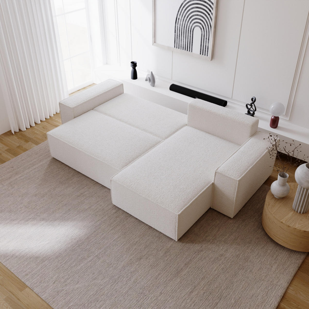 ECKSOFA Bouclé 280 cm Bergamo L mit Bettkasten, Schlaffunktion, Rechts - Creme - Creme, Holz (189/277cm) - Emporius