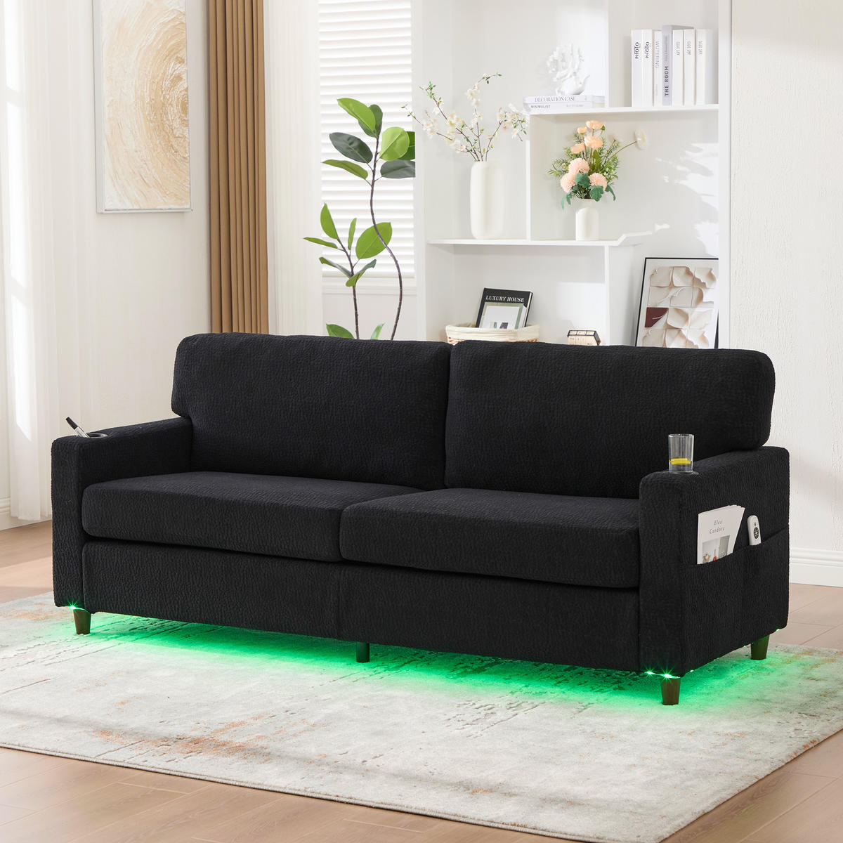 SOFA Zweisitzer Chenille mit LED-Ambiente und USB-C-Anschluss Schwarz 203/77,5/86 cm - Schwarz, Textil (203/86/77.5cm) - OKWISH