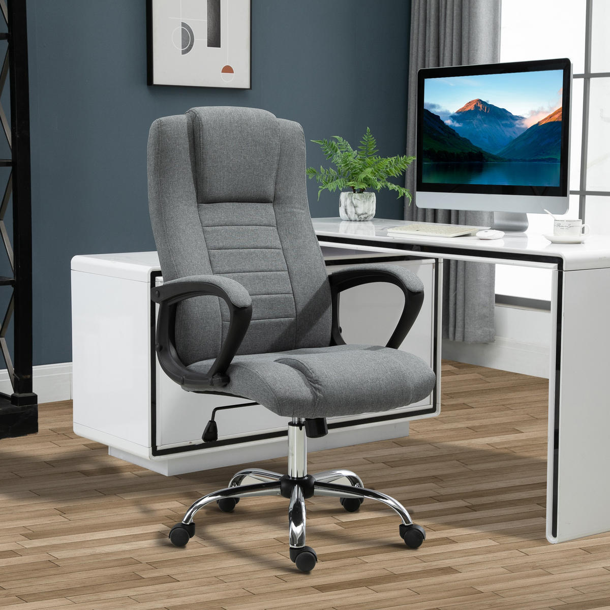 BÜROSTUHL Computerstuhl mit Wippenfunktion höhenverstellbar drehbar Leinen-Touch - Dunkelgrau, Kunststoff (62/119/76cm) - Vinsetto