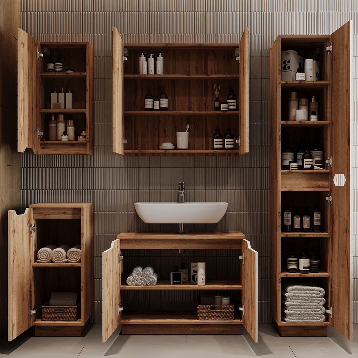 BADMÖBEL-SET Lotta Eiche/Kaschmir mit Kachelstruktur 4 Teile - Kaschmir/Eichefarben, Holzwerkstoff (79.6/62.1/32cm) - Vicco