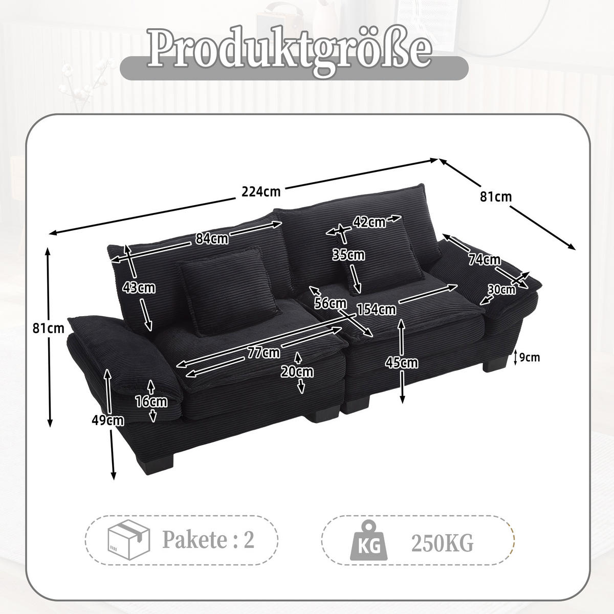 SOFA für 2 Personen mit Velvet-Bezug in Schwarz 224/81/81 cm - Schwarz, Textil (224/81/81cm) - OKWISH