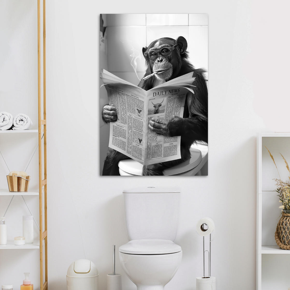 LEINWANDBILD Affe - WC - Zeitung - Schwarz-Weiß - Humor 80x120 cm - Hellgrau, Textil (80/120cm) - MuchoWow