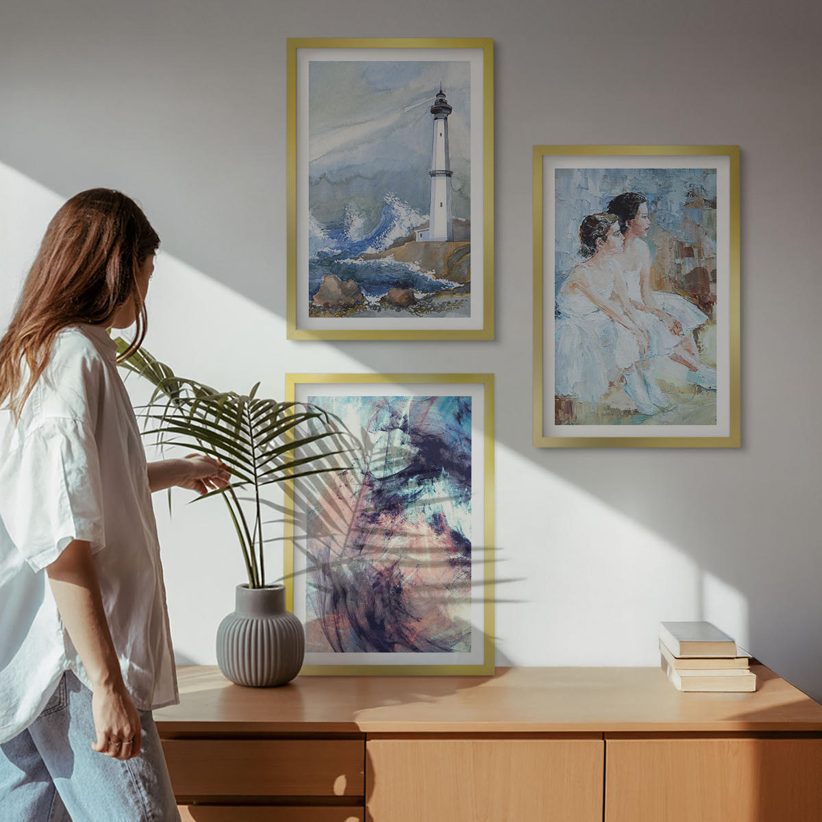 WANDBILDER 3er Set - 40x60 cm Goldrahmen - Leuchtturm-Abstrakte Tänzerin - Goldfarben, Kunststoff (40/60cm) - ArtPrintCave