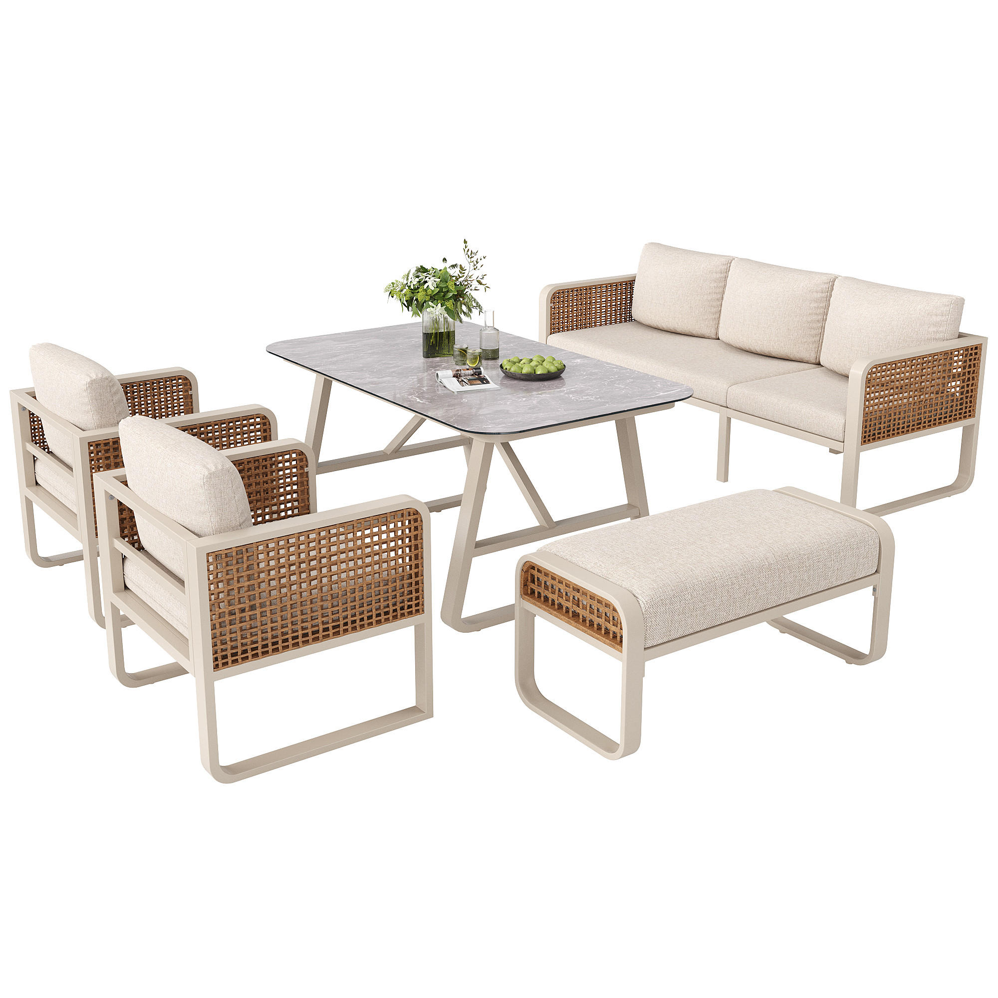 GARTENMÖBEL-SET Beige 5-teilig für 6-7 Personen mit PE-Rattan & Tisch - Beige, Metall - PANGIVO