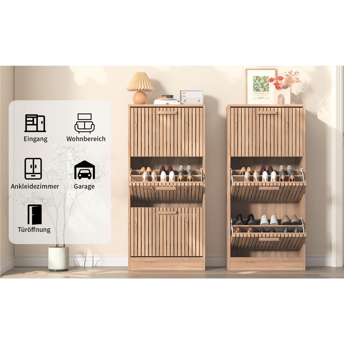 RATTAN-SCHUHSCHRANK mit 3 Türen, staub- und schmutzabweisend, Flurmöbel, 60 x 24 x 113 cm - Hellbraun, Holzwerkstoff/Metall (24/113/60cm) - GENKI LIVING
