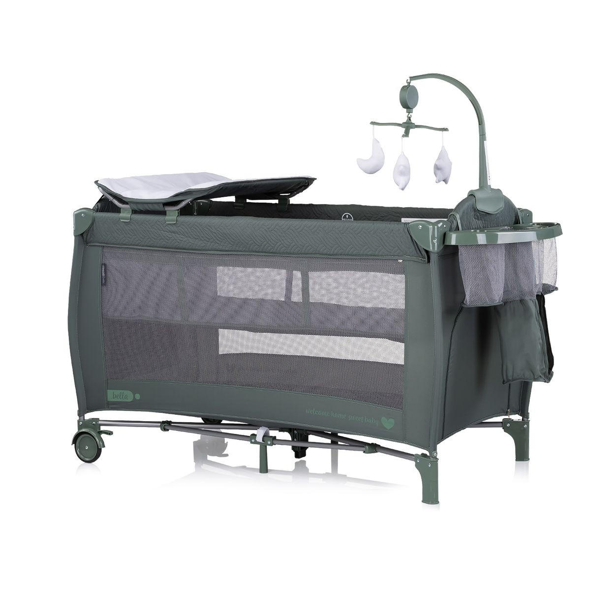 REISEBETT Bella grün gemustert 2 Ebenen seitlicher Eingang Musikmobile Wickelauflage - Grün, Kunststoff (60/120cm) - Chipolino