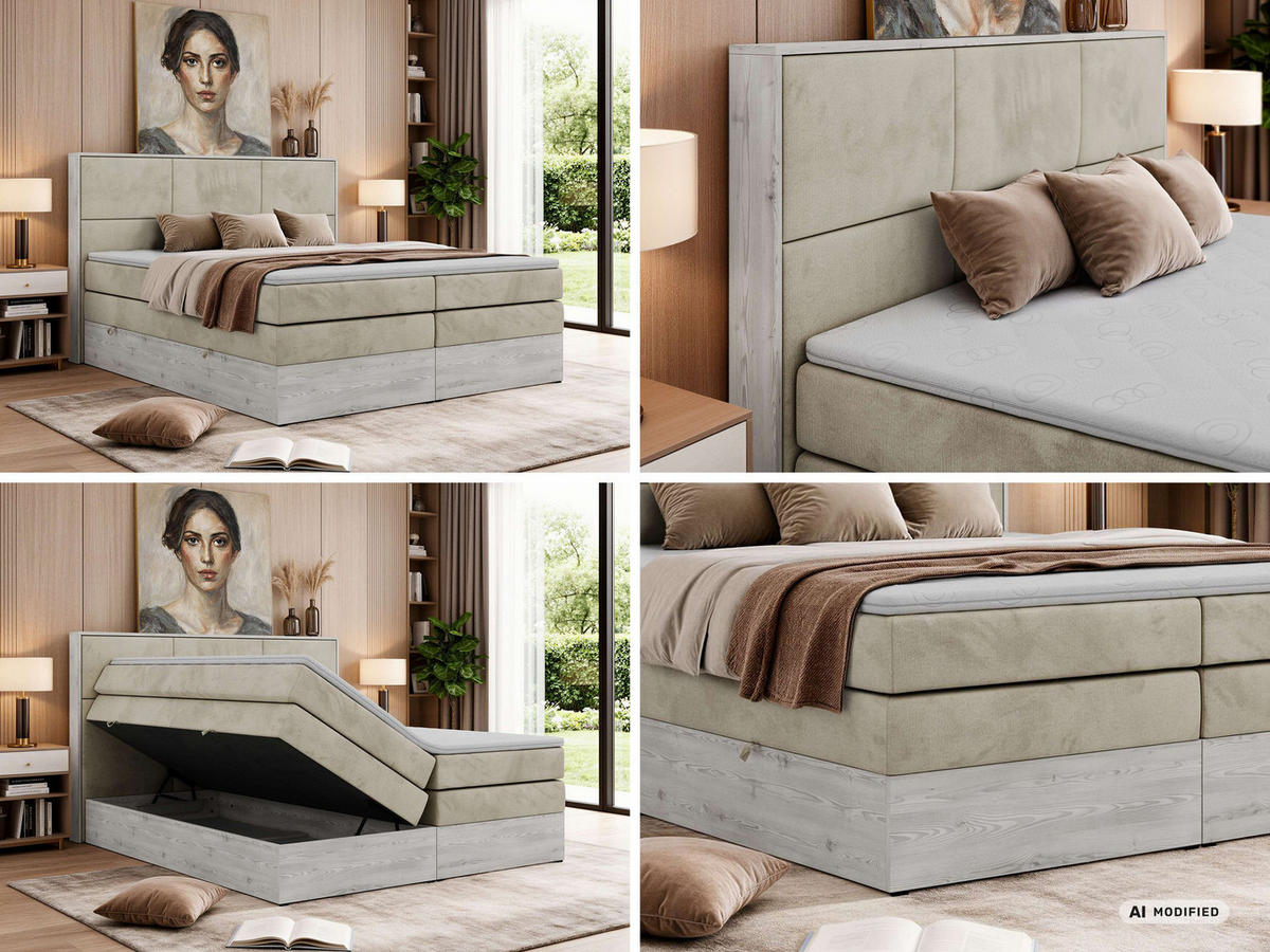 POSTEL BOXSPRING DELNOR KING 180/200 - Béžová Samet - Topper Visco - H3 - černá/béžová, textil/plast (180/200cm) - MKS