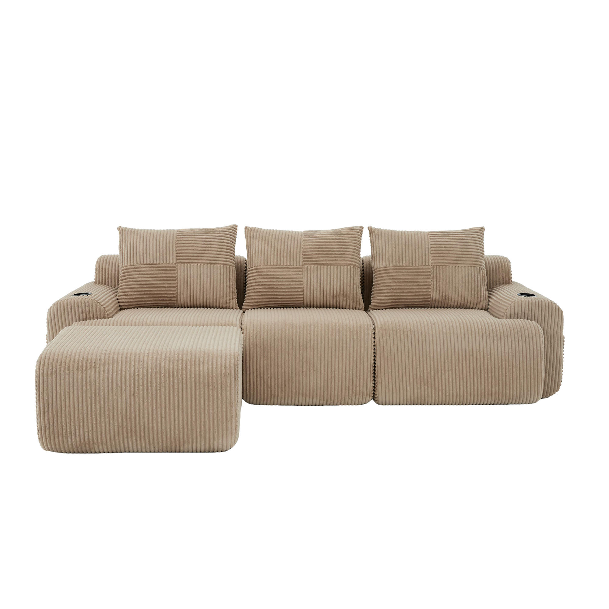 MODULARES 3-Sitzer Sofa Cordstoff mit Hocker Getränkehalter und Seitentasche 268/174/80 cm Sandfarben - Sandfarben, Textil (174/268cm) - Redom