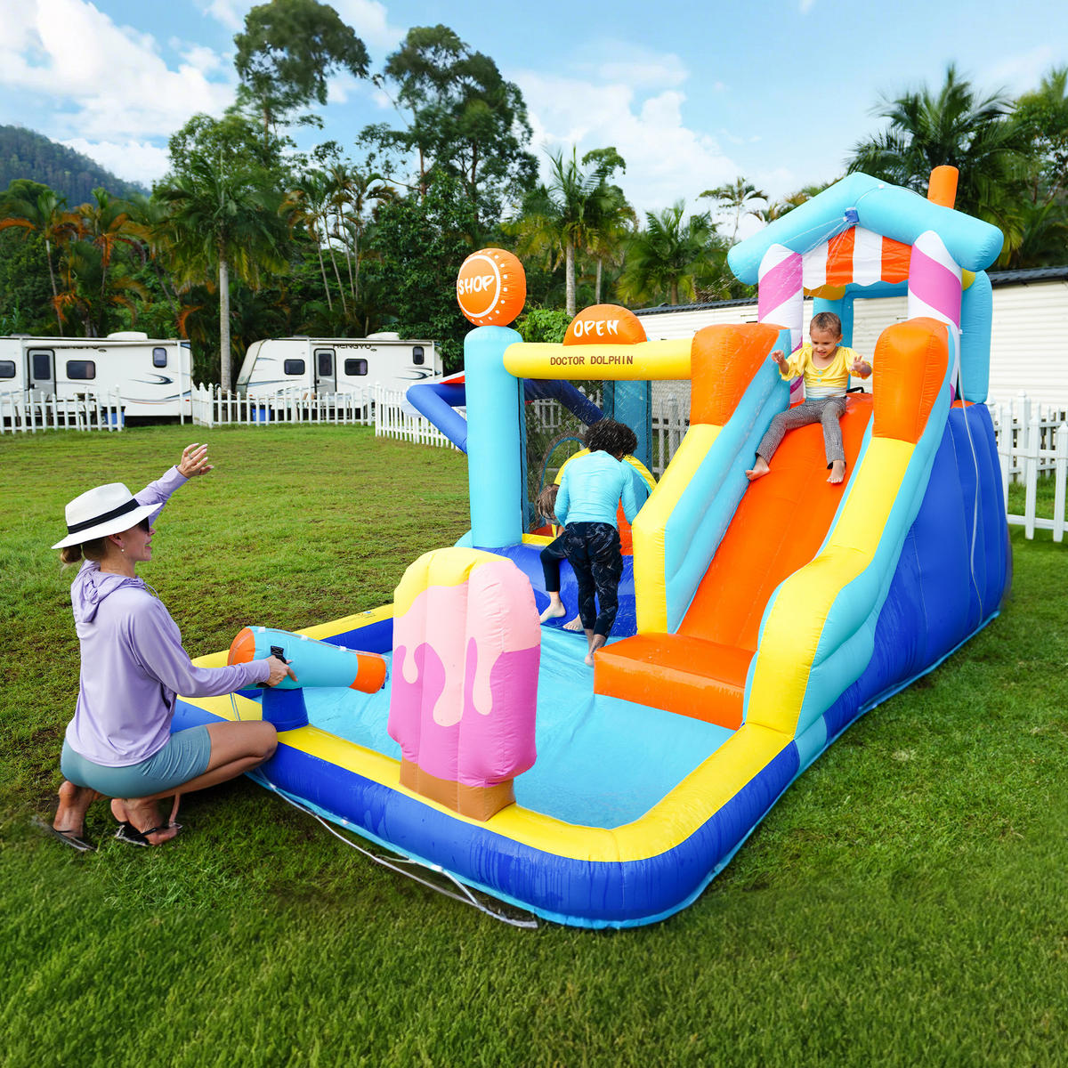 HÜPFBURG Kinder Wasserpark Trampolin Rutsche Wasserpistole - Blau, Textil (395/340/236cm) - FLIEKS