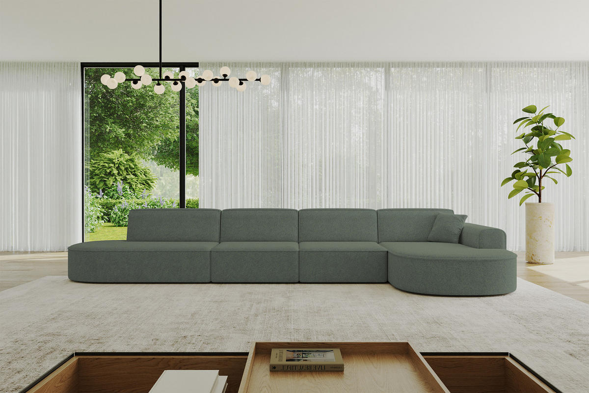 ECKSOFA Ottomane Rechts MARI-L3 - 413x171x79 cm Grün Tissu - Schwarz/Grün, Holzwerkstoff/Kunststoff (171/413cm) - ALTDECOR