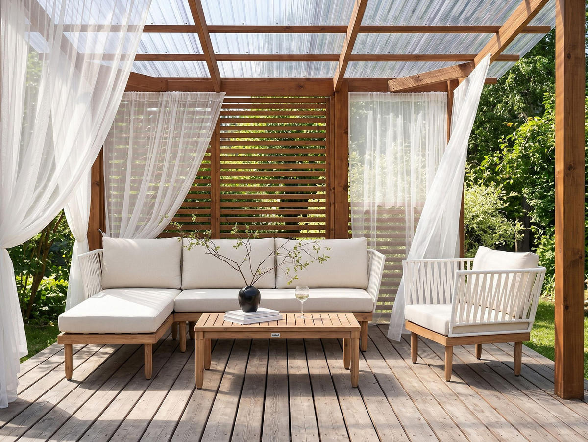LOUNGE SADA se stolem 4-místná Akáciové dřevo pravostranná Bílá Cremona - bílá/krémová, dřevo - Beliani