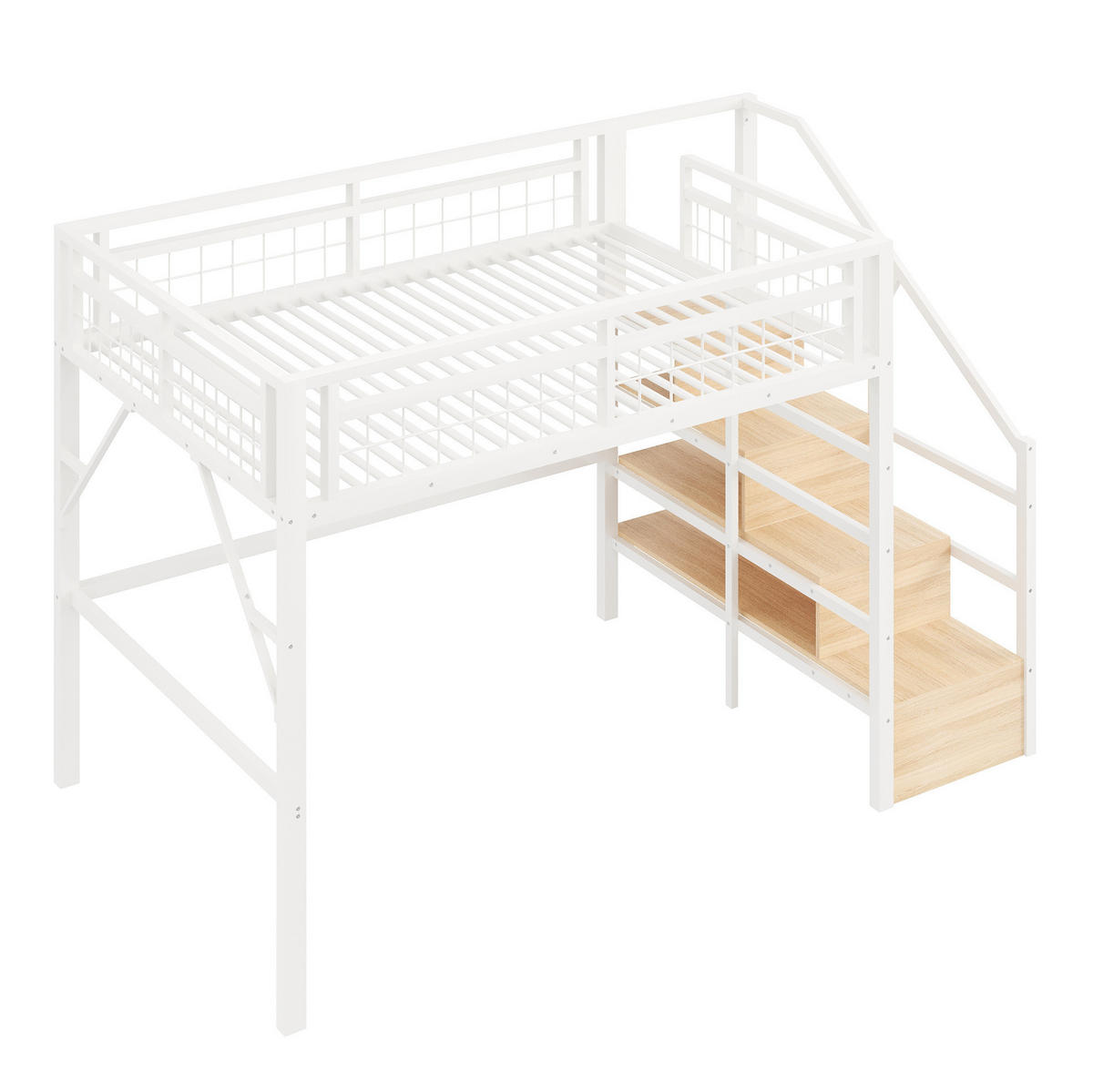 HOCHBETT 140/200 cm weiß aus Metall und MDF mit LED und Treppe mit Stauraum - Weiß, Metall (140/200cm) - OKWISH