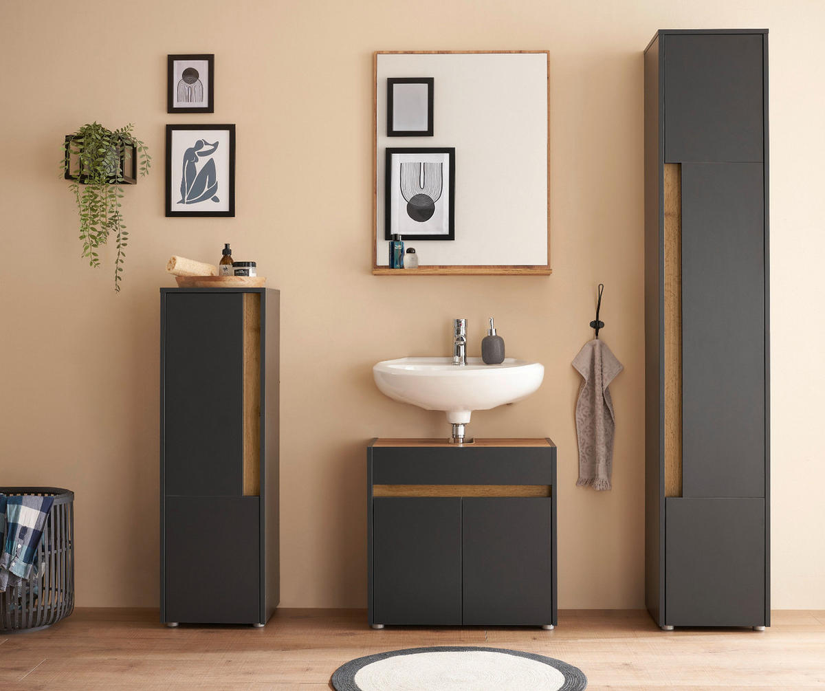 BADMÖBEL-SET 4-teilig grau matt, Wotan Eiche, Badkombination 168 cm - Eiche Wotan/Schwarz, Glas/Holzwerkstoff (171/200/34cm) - Furn.Design