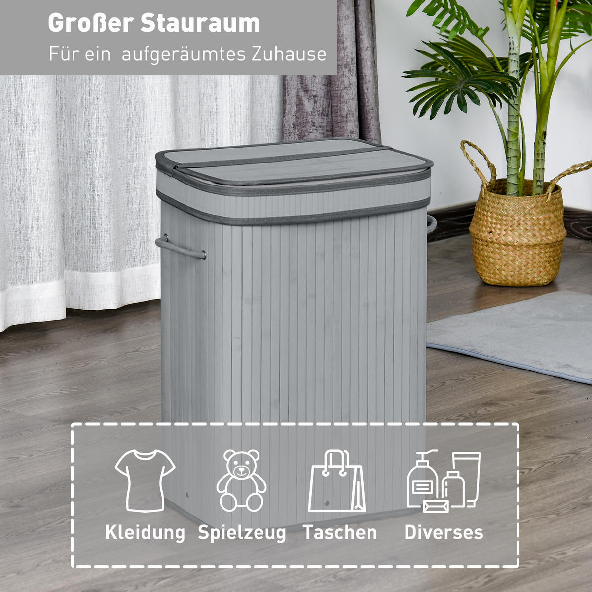 WÄSCHEKORB mit Deckel 70 L, Grau - Grau, Textil (40/60/30cm) - HOMCOM