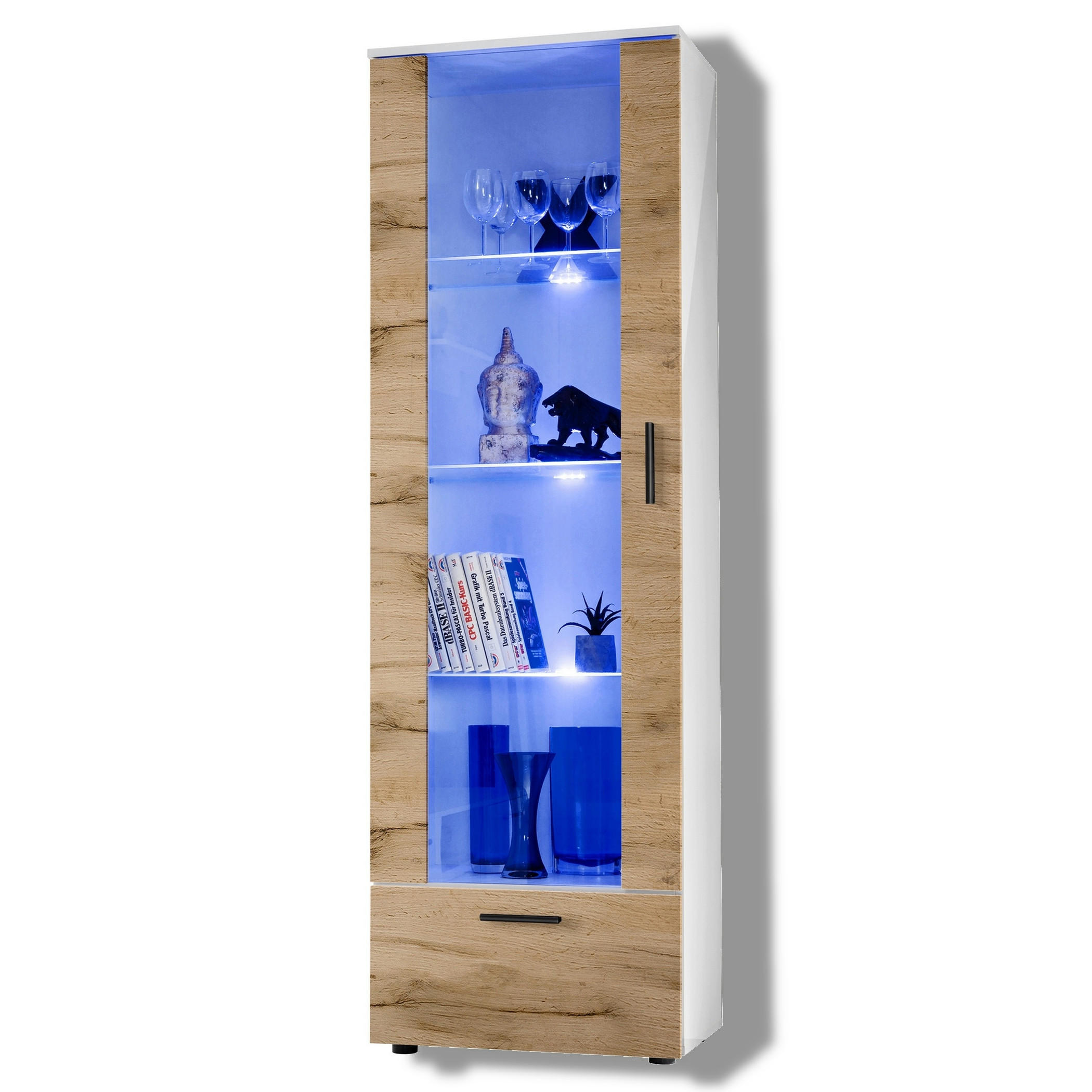VITRINE ALESSANDRIA, Wotan, LED Blau - Eiche Wotan/Schwarz, Glas/Holzwerkstoff (60/192/42cm) - Komodee