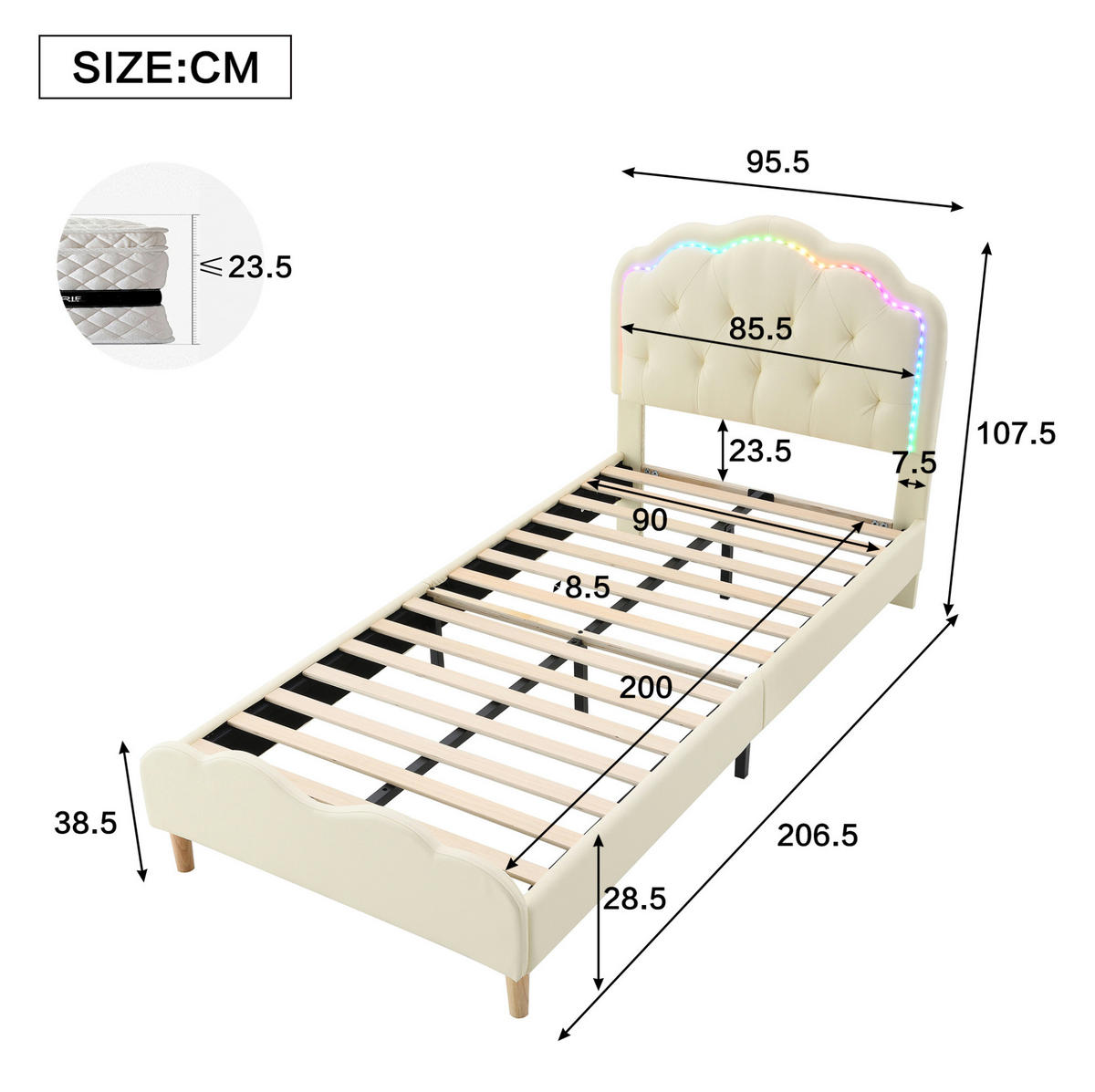 POLSTERBETT 90/200 cm aus PU mit LED-Beleuchtung Beige - Beige, Kunststoff (90/200cm) - Modenvie