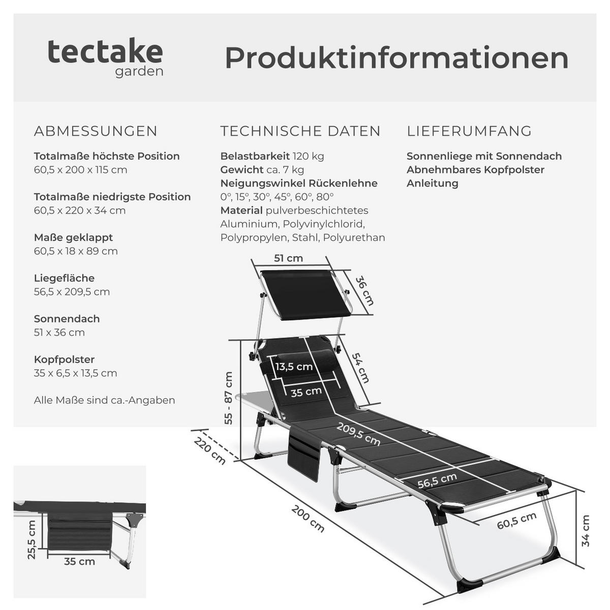 SONNENLIEGE Lorella,220 x 60,5 x 34 cm, mit Seitentasche ,schwarz - Schwarz, Kunststoff (60.5/115/200cm) - tectake