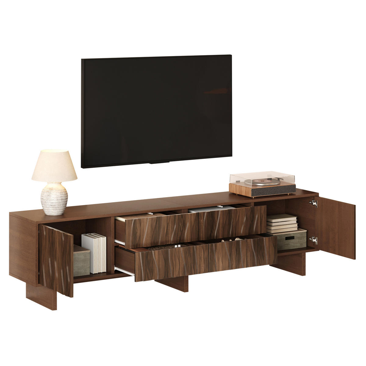 TV stolík 180/40/56 cm tmavý orech z drevotriesky s vlnitým dizajnom, 4 zásuvkami a 2 dvierkami - hnedá, kompozitné drevo (180/56/40cm) - OKWISH