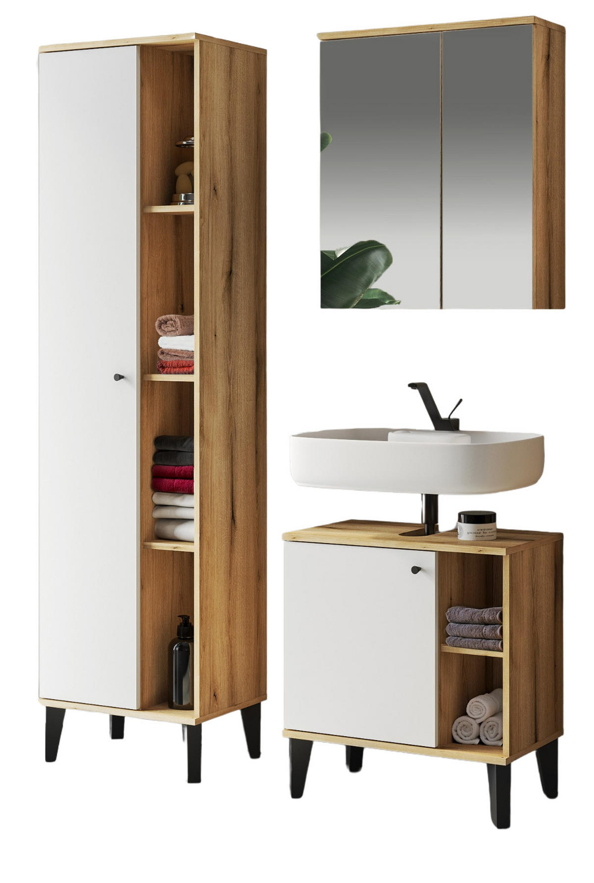 BADMÖBEL-SET 3-teilig weiß, Evoke Eiche, Badkombination, 121 x 190 cm - Eichefarben/Schwarz, Glas/Holzwerkstoff (121/190/33cm) - Furn.Design