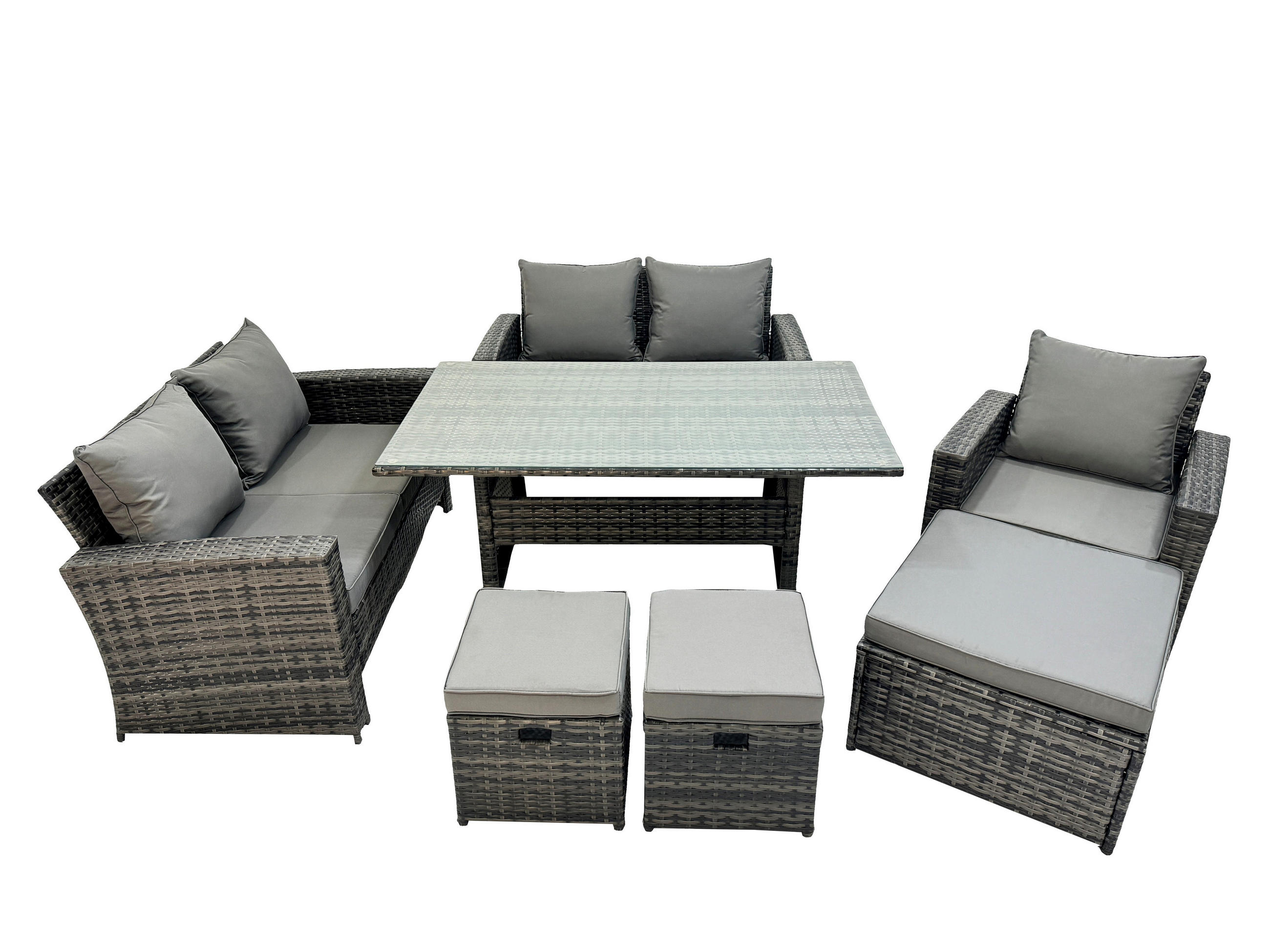 BALKONMÖBEL-SETS mit 2-Sitzer Sofa,3 Hockern,Esstisch Polyrattan Dunkelgrau 8-Sitzer - Dunkelgrau/Grau, Glas/Kunststoff - Fimous