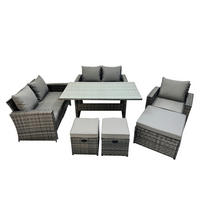 BALKONMÖBEL-SETS mit 2-Sitzer Sofa,3 Hockern,Esstisch Polyrattan Dunkelgrau 8-Sitzer - Dunkelgrau/Grau, Glas/Kunststoff - Fimous