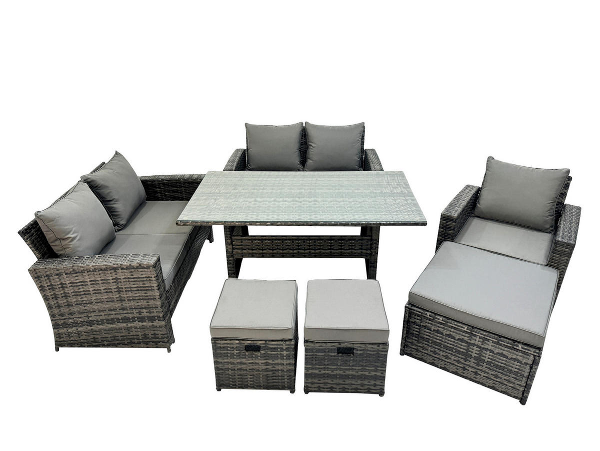 BALKONMÖBEL-SETS mit 2-Sitzer Sofa,3 Hockern,Esstisch Polyrattan Dunkelgrau 8-Sitzer - Dunkelgrau/Grau, Glas/Kunststoff - Fimous