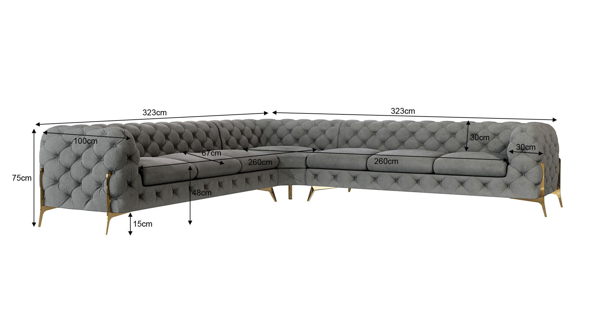 ECKSOFA Chesterfield Lexi Grau Samt - Goldfarben/Grau, Holz/Textil (323/323cm) - S-Style Möbel