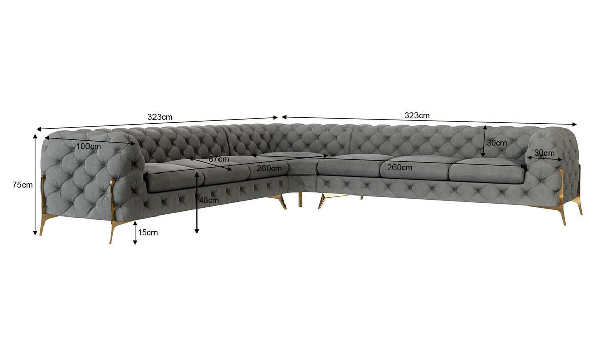 ECKSOFA Chesterfield Lexi Grau Samt - Goldfarben/Grau, Holz/Textil (323/323cm) - S-Style Möbel