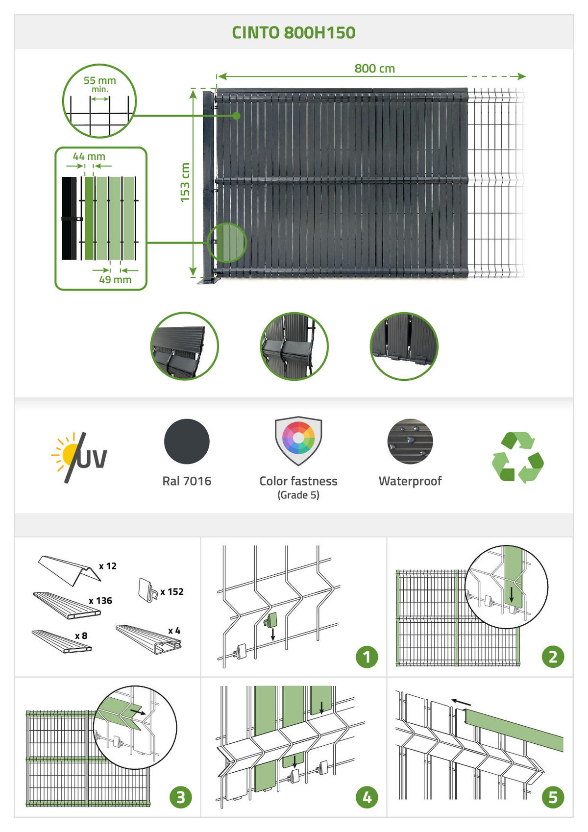 PVC-SICHTSCHUTZLAMELLEN-STEIF-SET Cinto grau 8m H.150cm - Mit clips und Endprofil - Grau, Kunststoff (800/153cm) - Casanoov