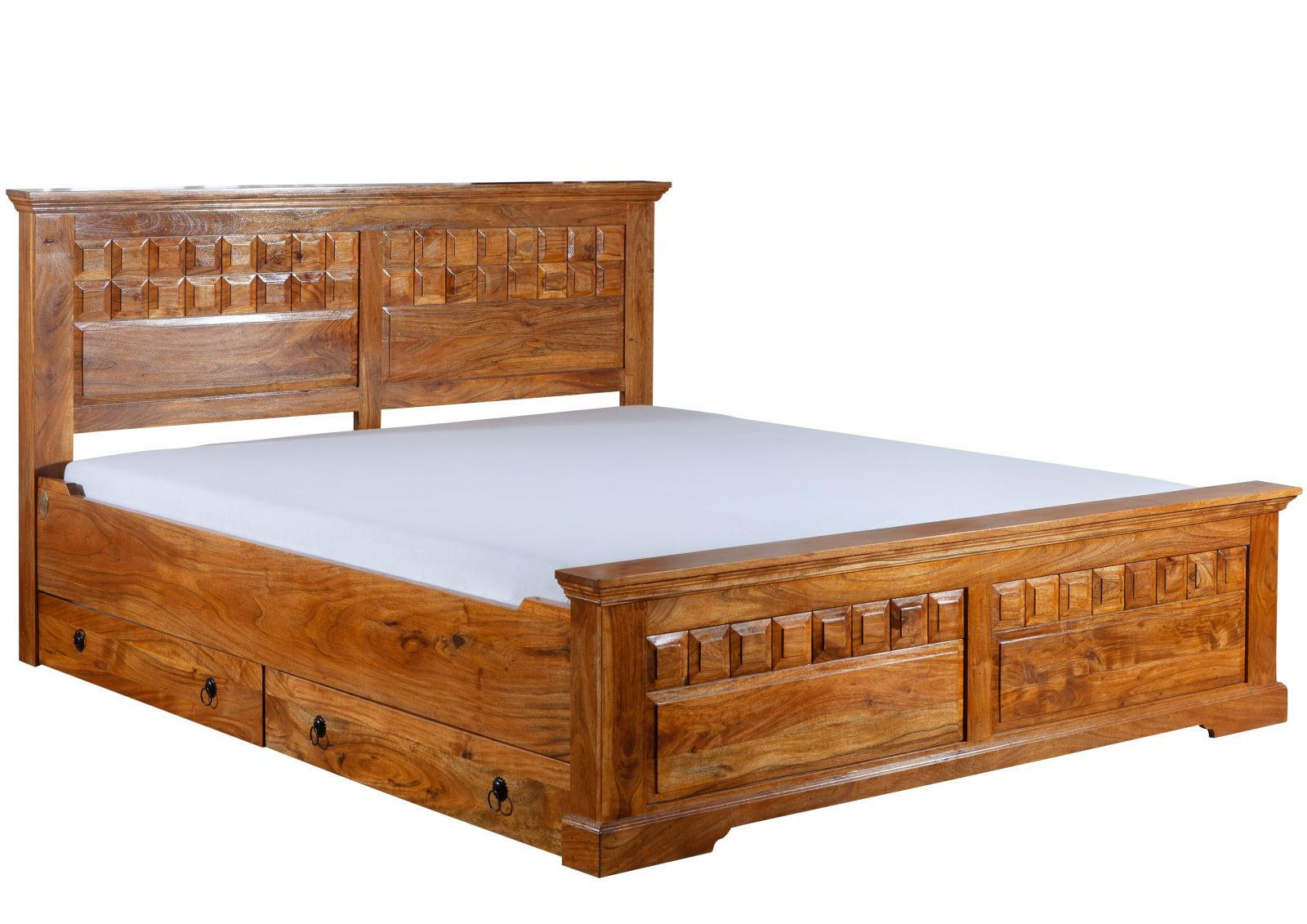 BETT Massivholz Akazie 200 x 200 x 114 hellbraun OXFORD #0311 - Braun, Holz (200/200cm) - Massivmoebel24