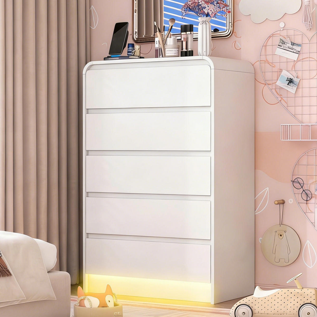 KOMMODE 5 Schubladen mit LED-Beleuchtung, Weiß,73x40x110 cm - Weiß, Holz (40/110/73cm) - PARAFTA HOME
