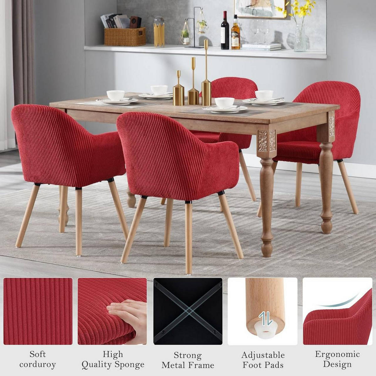 ESSZIMMERSTUHL 2er Set Polsterstuhl, Cord, Holzbeine, Rot - Eichefarben/Rot, Holz/Kunststoff (55.5/83.5/56.5cm) - Woltu