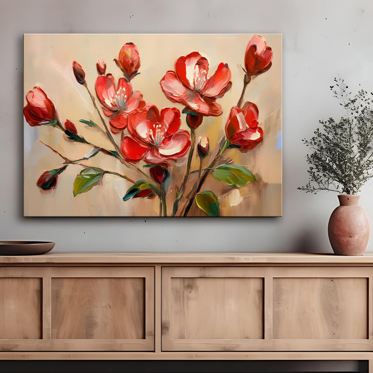 WANDBILD rot blühende blumenpflanzen - Rot, Textil (60/40cm) - Feeby