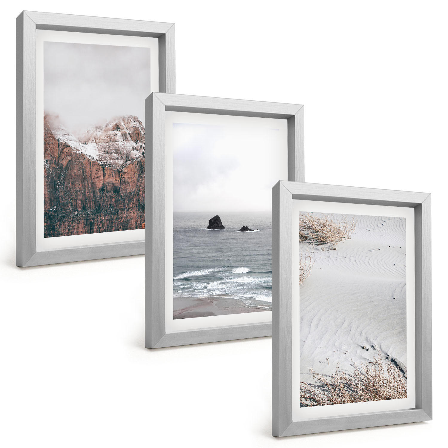 BILDER SET 3er Set - 20x30 cm Silberner Rahmen - Berge, Wolken, Meer, Sand, Natur - Silberfarben, Kunststoff (20/30cm) - TULUP
