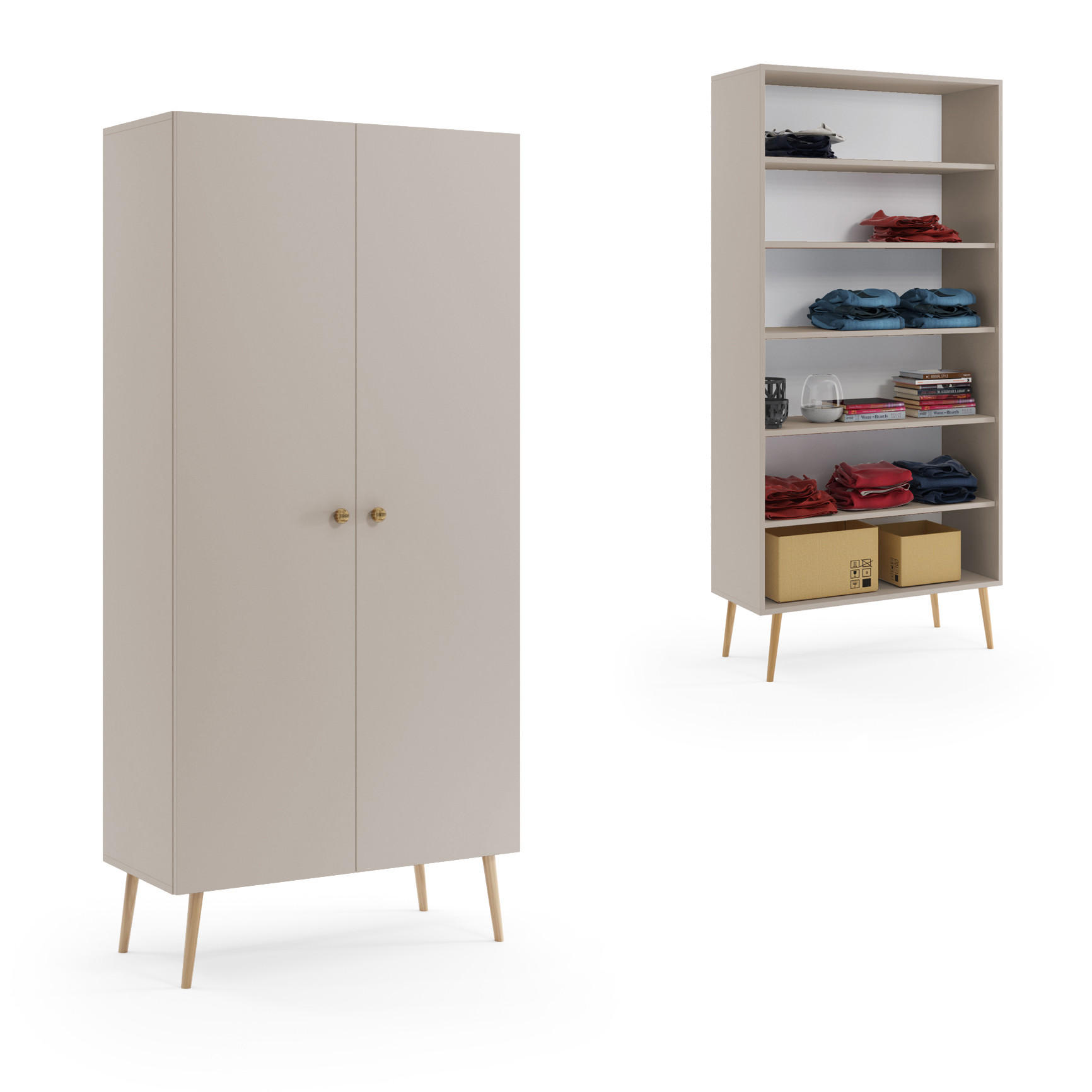 SCHRANK Kaschmir Boho Tief Holzbeine 5 Regale - Beige, Holzwerkstoff (87/212/41cm) - Sepro Meble