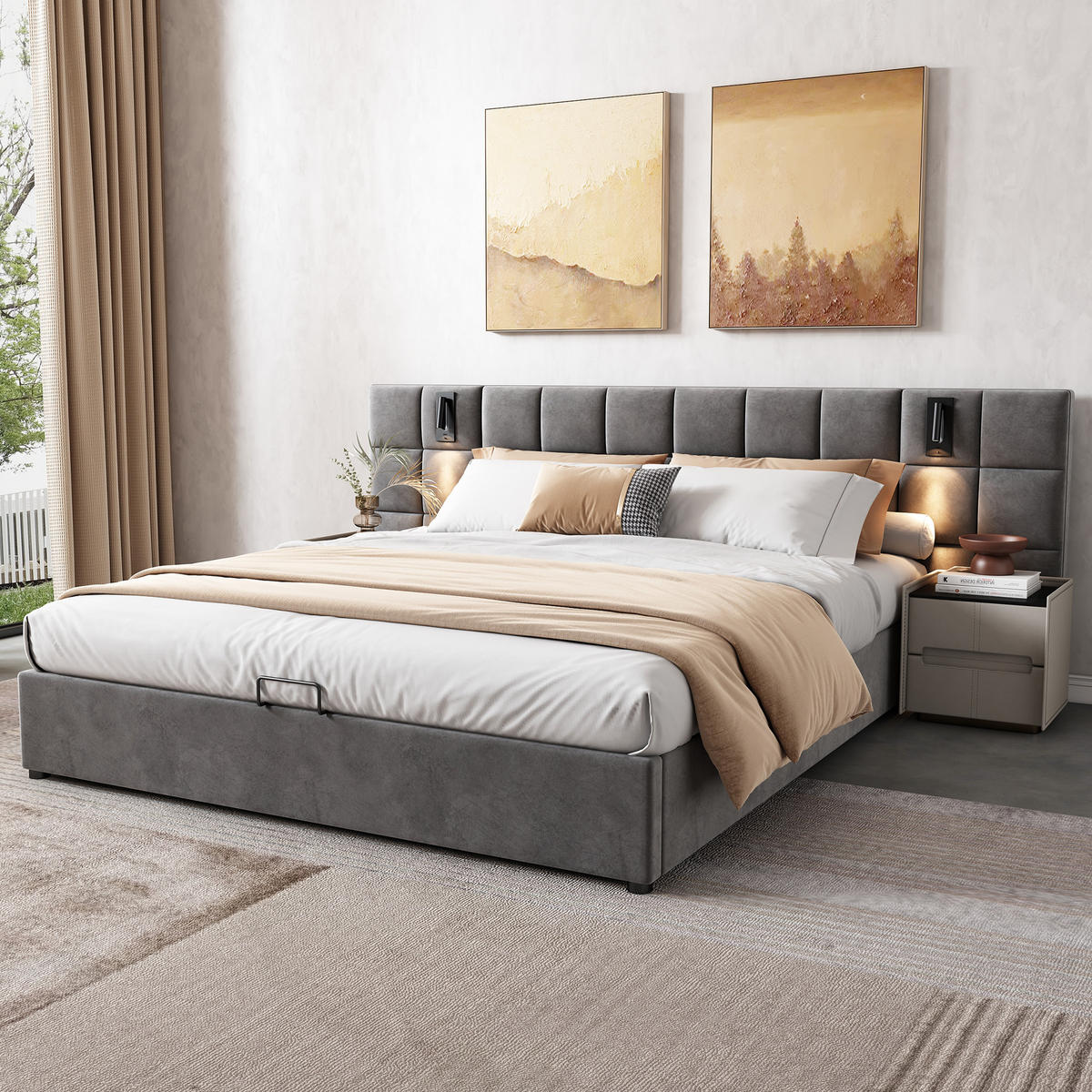 POLSTERBETT 180x200cm mit Stauraum und LED-Beleuchtung - Grau, Holzwerkstoff/Textil - Urban Meuble