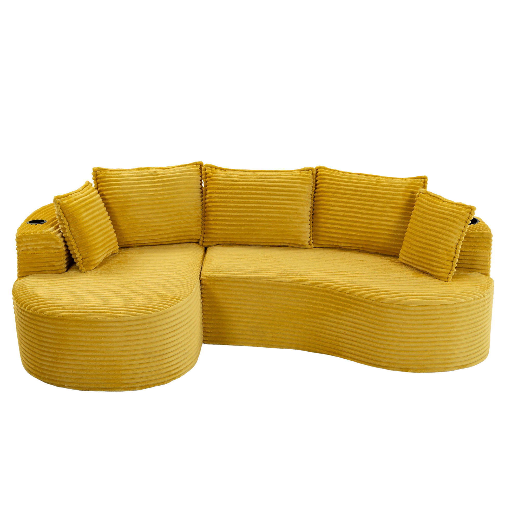 ECKSOFA aus Cord 250x152x82 cm Senfgelb mit Getränkehaltern, Seitentaschen und Kissen im modernen Bogendesign - Gelb, Textil (250/152cm) - Modfu