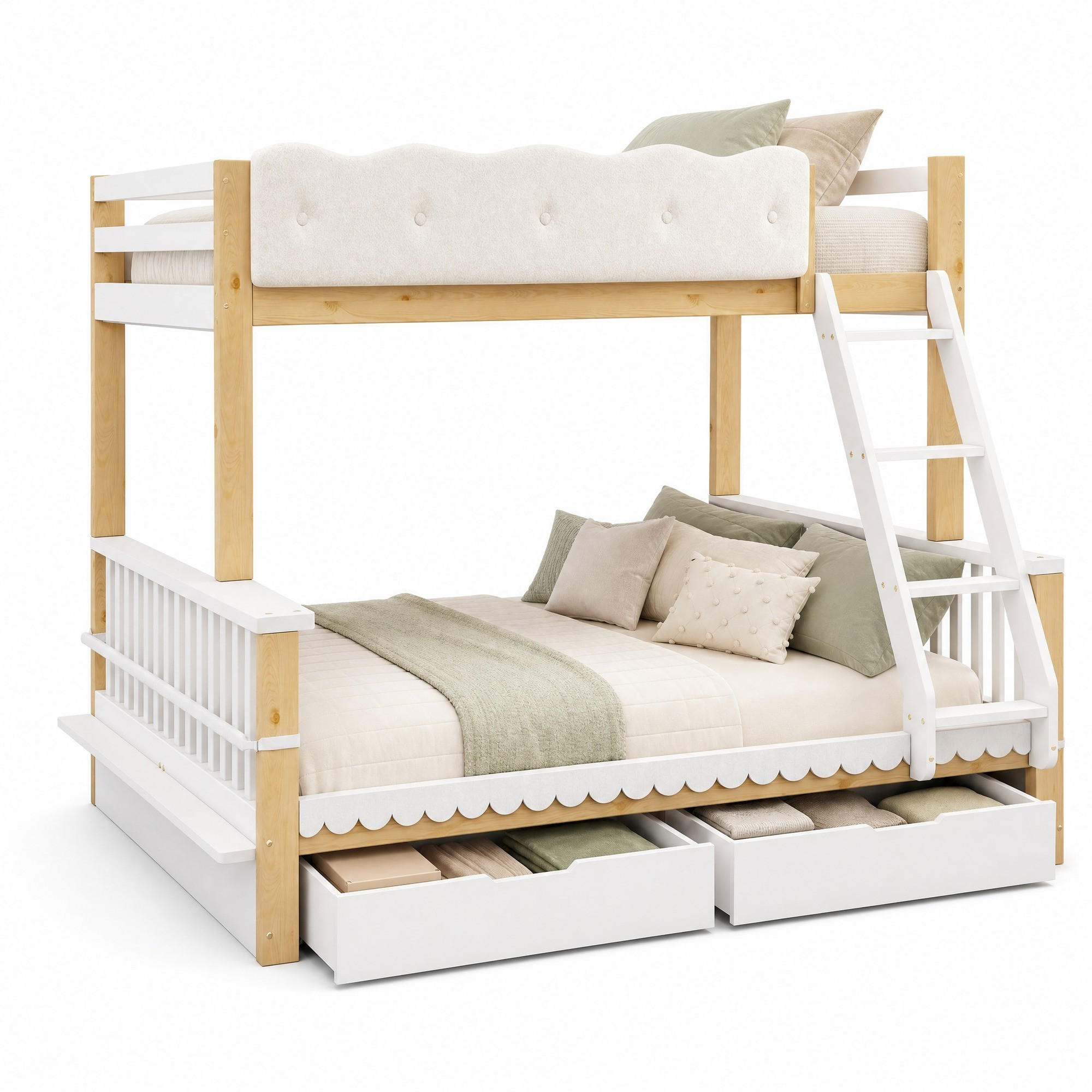 ETAGENBETT aus Kiefernholz, Spanplatte und Sperrholz 140x200 cm Weiß & Eiche mit Schubladen und Zeitschriftenständer - Eichefarben, Holz (140/200cm) - Modfu