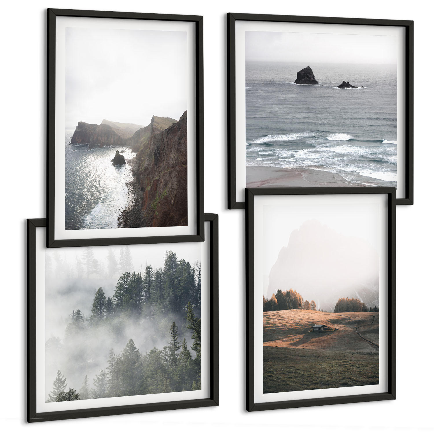 BILDER SET 4er Set - 50x50 cm & 40x60 cm Schwarzer Rahmen - Landschaften aus Bergen und Meer - Schwarz, Kunststoff (50/50cm) - TULUP