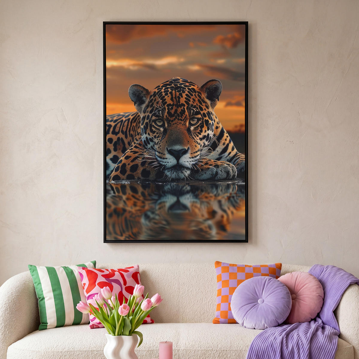 LEINWAND Bilder mit Rahmen - Natur - Leopard - Tier - Sonnenuntergang - Modern - 90x140 - Orange, Textil (90/140cm) - MuchoWow