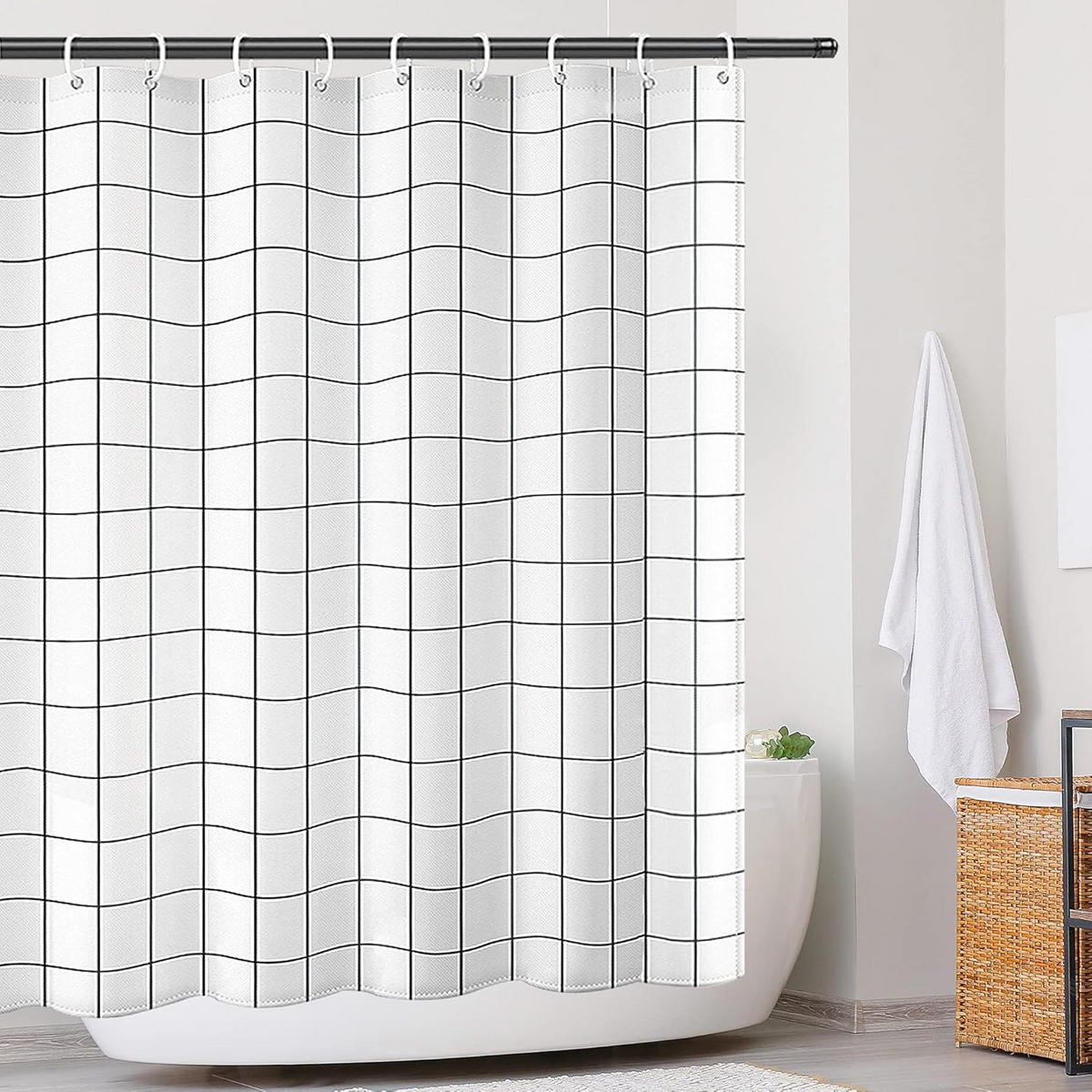 DUSCHVORHANG schnelltrocknend beschwerter Saum waschbar Badezimmer Polyester mit Haken 180 x 200 cm - Weiß, Textil (180/200cm) - MCBOSON