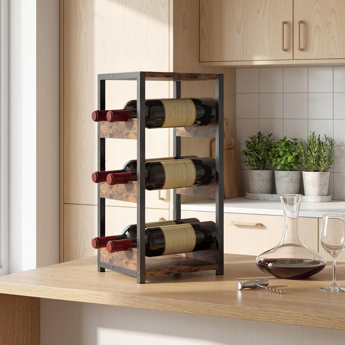 WEINREGAL, 6 Flaschen, gewellte Ablagen, rustikal braun, 22x24x49,2cm - Multicolor, Metall (24/49.2/22cm) - FORIOUS