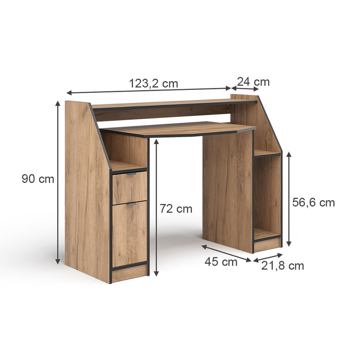 GAMING-TISCH Joel Goldkraft Eiche 123.2 x 45 cm mit 1 Schublade und 1 Tür - Eiche Wotan, Holzwerkstoff (45/123/90cm) - Vicco