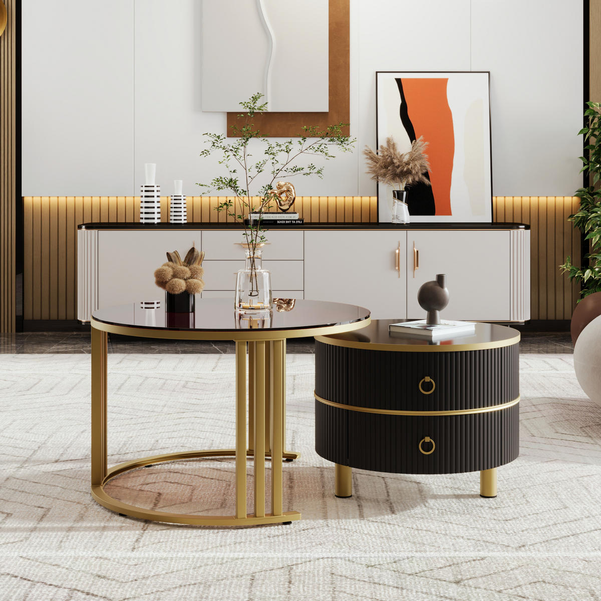 COUCHTISCH 70/50 cm schwarz aus Glas, MDF und Massivholz mit Schubladen - Schwarz, Holzwerkstoff (70/70/45cm) - OKMYHOME