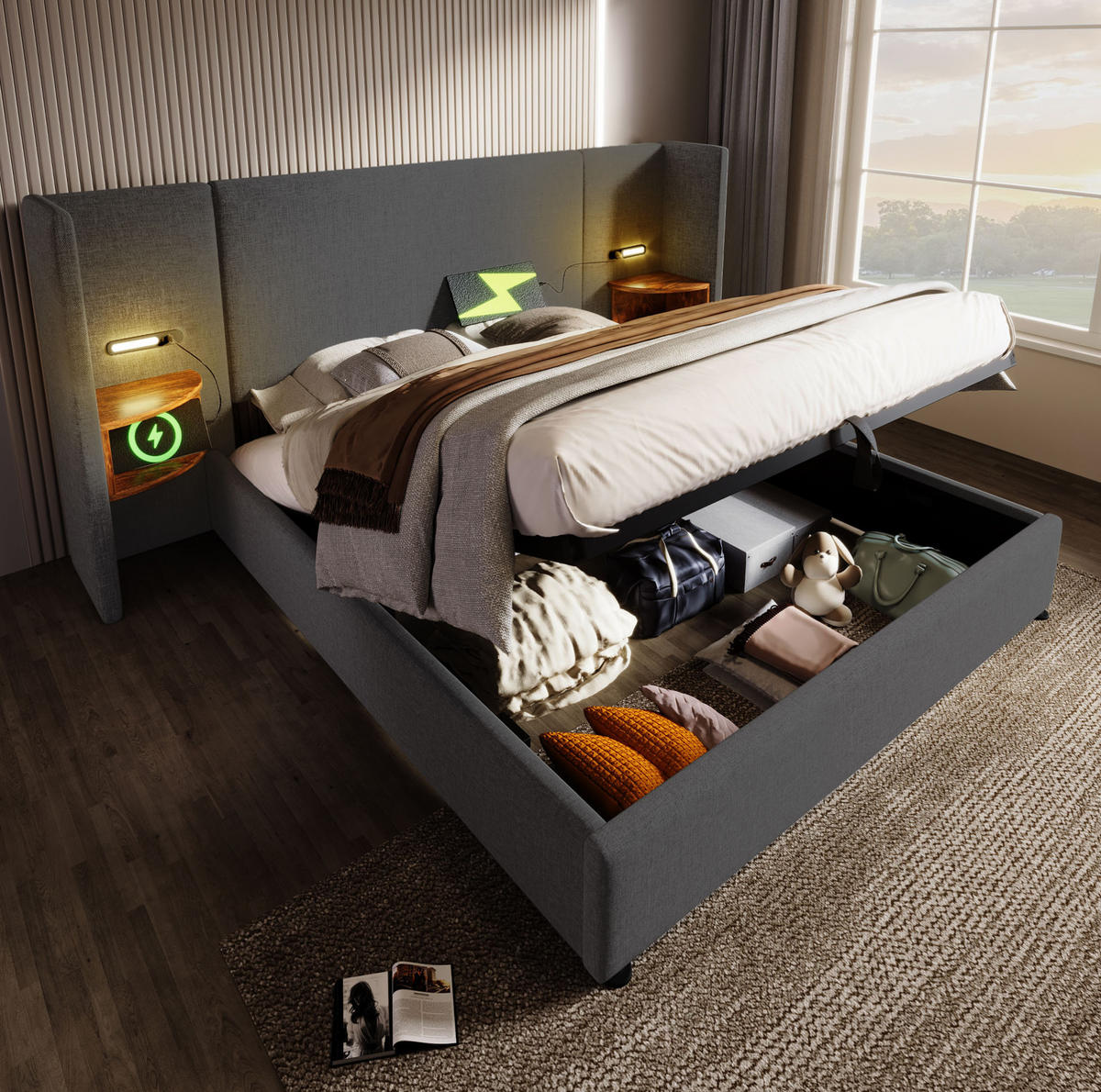 POLSTERBETT 180/200 cm Grau aus Leinen mit Stauraum - Grau, Textil (180/200cm) - OKMYHOME